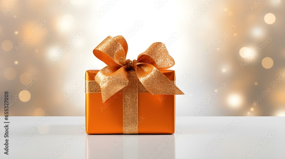 Light Orange Gift Box in front of a light Background with Copy Space. Festive Template for Holidays and Celebrations Light Orange Gift Box in front of a light Background with Copy Space. Festive Template for Holidays and Celebrations