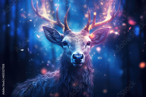 Magical fantasy background with a beautiful deer against the backdrop of a magical forest, golden bokeh, beautiful lighting.Digital photography.