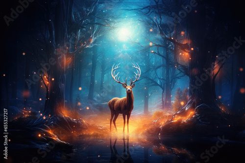 Magical fantasy background with a beautiful deer against the backdrop of a magical forest, beautiful lighting.Digital photography.