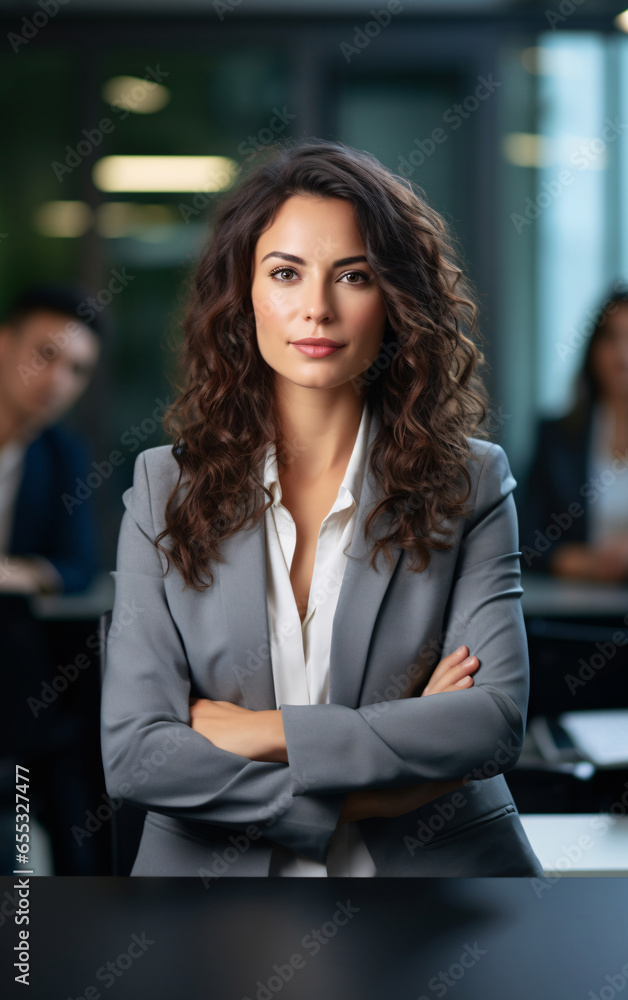 Portrait of a young businesswoman at a table in the office, strong women concept