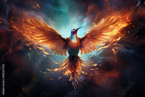 Beautiful firebird on the magical background. Phoenix.Burning bird. Mythical Creature. Legend. Fantasy Fiery bird.Fairytale wallpaper. Magic postcard. © syhin_stas