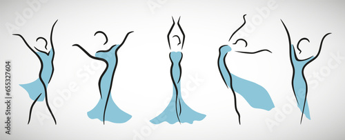 Woman body outline icons set. Various female line silhouettes, model, figure. Abstract image of girls in dresses. Vector illustration.