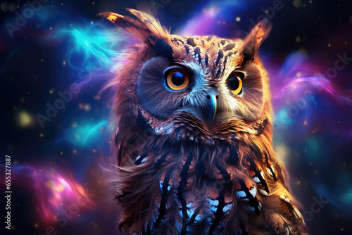 Beautiful magical owl on a magical glowing night background.Wallpaper. Fairytale card. © syhin_stas