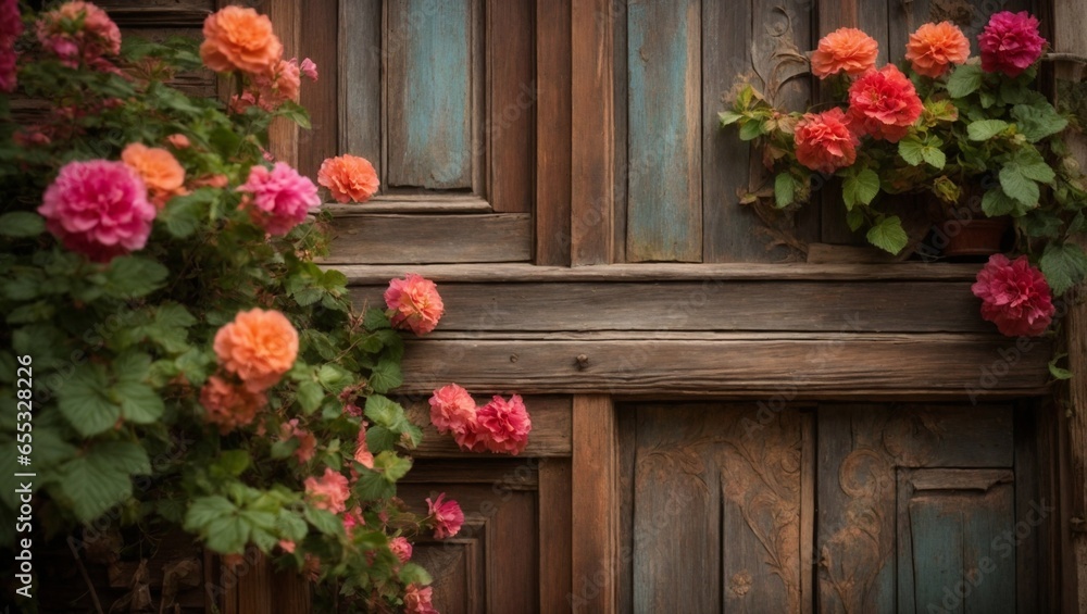 Fototapeta premium flowers on the wooden background, old door