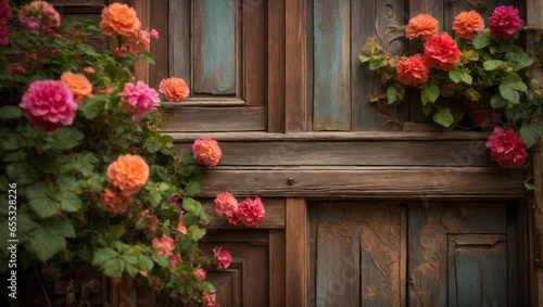 flowers on the wooden background, old door