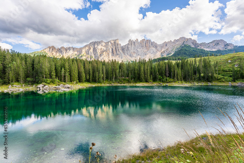 Carezza lake on a sunny day, Italy.