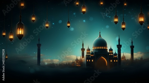 decoration background with lantern and crescent moon luxury style, ramadan kareem, mawlid, iftar, isra miraj, eid al fitr adha ai generated photo