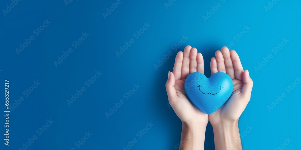 Fototapeta premium Hand hold blue heart, Father’s Day banner. Generative AI