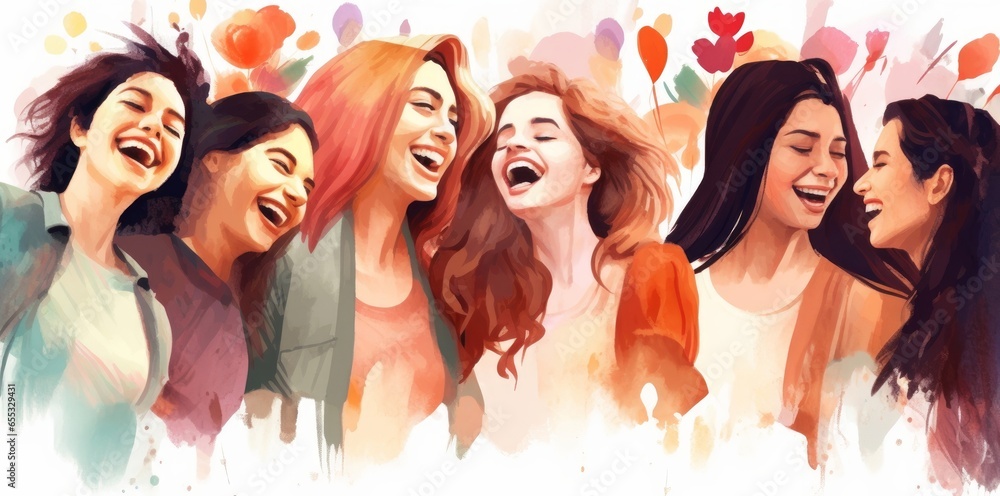 Happy women group for International Women’s day , watercolor style illustration. Generative AI Happy women group for International Women’s day , watercolor style illustration. Generative AI