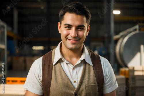 Portrait of the confident smiling factory worker in an orange vest and industry warehouse at the background