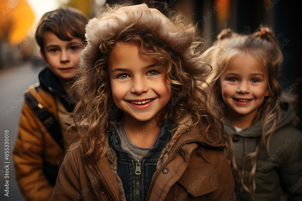 Portrait of the kids walking down the street on an autumn day. Outdoor shot Portrait of the kids walking down the street on an autumn day. Outdoor shot
