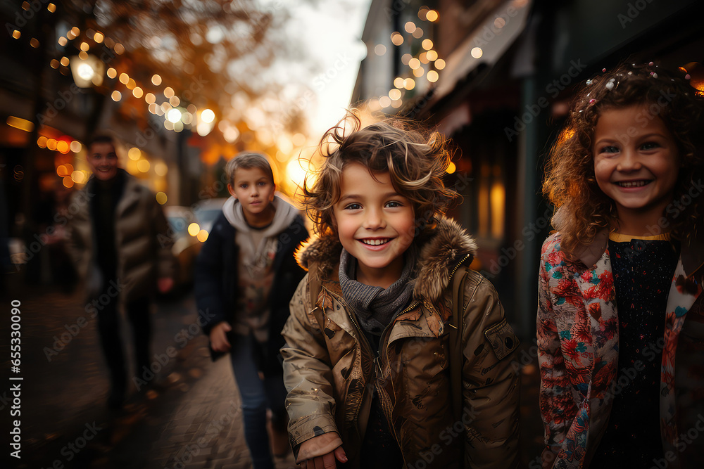 Portrait of the kids walking down the street on an autumn day. Outdoor shot