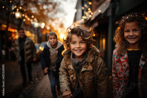 Portrait of the kids walking down the street on an autumn day. Outdoor shot