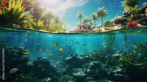 Tropical fishes underwater at the coast of an island created with Generative AI