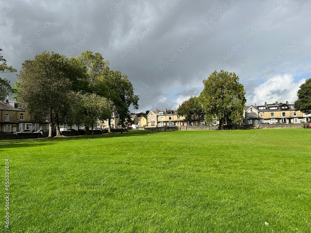 Diagonal view in, West Park, of a large grassy area, with old trees, and Victorian houses, in the distance in, Bradford, UK