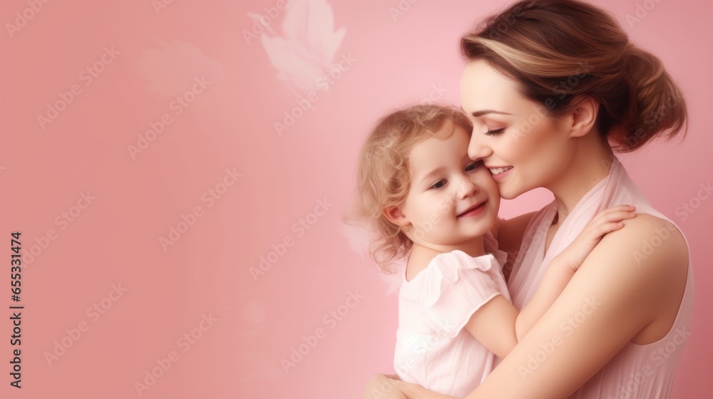 Mother and kid on pink background Generative AI Mother and kid on pink background Generative AI