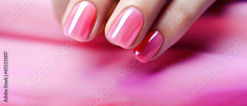 Beautiful women's hands with pink color nails close-up. Nail design from the popular movie. Fashionable artistic manicure with pink nail polish