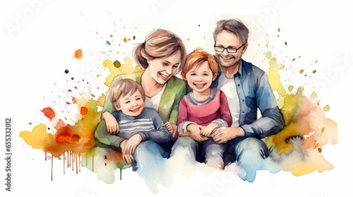 Happy Family in watercolor style ai, Generative AI