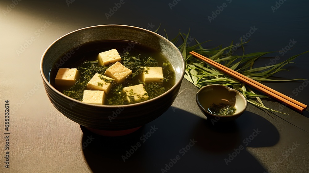  a bowl of tofu and some chopsticks on a table.  generative ai
