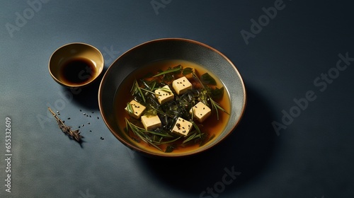  a bowl of soup with tofu, greens and a cup of tea. generative ai