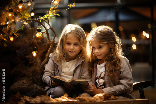 Two kids having fun reading a book. Generative AI