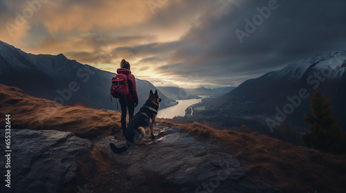 Cinematic image of a hiker girl with german shepherd dog in the beautiful nature landscape with rocks, mountains, autumn trees and lake. Long shot of a beautiful scene in autumn.