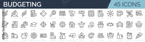 Set of 45 outline icons related to budgeting. Linear icon collection. Editable stroke. Vector illustration
