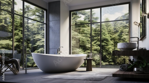  a large white bath tub sitting in a bathroom next to a window.  generative ai © Anna