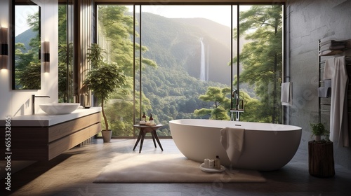  a bathroom with a large tub and a large window with a view of a waterfall.  generative ai © Anna