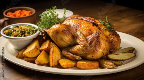  a roasted turkey with potatoes and carrots on a white plate. generative ai