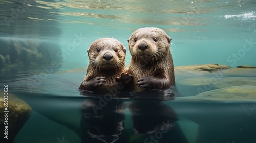  two sea otters in the water with their hands on their chest. generative ai