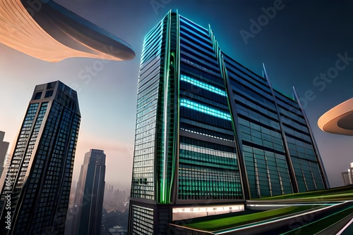large tower architecture in green color made from new technology 