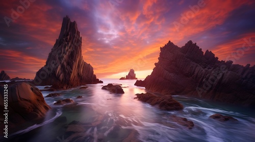 Fantastic panoramic seascape. Dramatic colorful sunset over the sea. © Iman