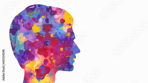 Vector illustration of human head silhouette with abstract watercolor splashes