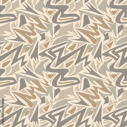 Seamless monochrome abstract camouflage pattern, Light brown, gray, randomly arranged figures on a beige background.