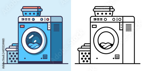 Laundry loader vector illustration, Laundry machine, washing machine colored and black and white line art stock vector image