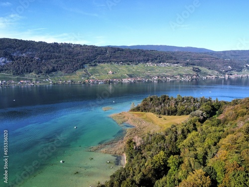 Aerial view of Ligerz from the shore of the St. Peter's Island at the lake Biel,  Switzerland
