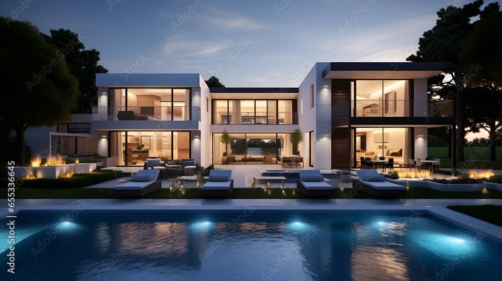 3d rendering of modern cozy house with pool and parking for sale or rent in luxurious style by the sea or ocean. Clear summer night with many stars on the sky. - obrazy, fototapety, plakaty 