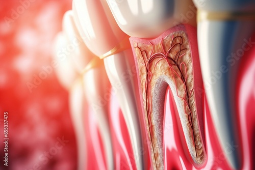Close up of anatomy of healthy teeth and a tooth with Gingivitis photo