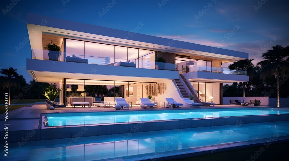 Swimming pool in a modern villa at night with blue sky