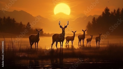  a group of deer standing next to a lake at sunset.  generative ai