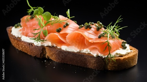  a piece of bread with cream cheese and salmon on it. generative ai