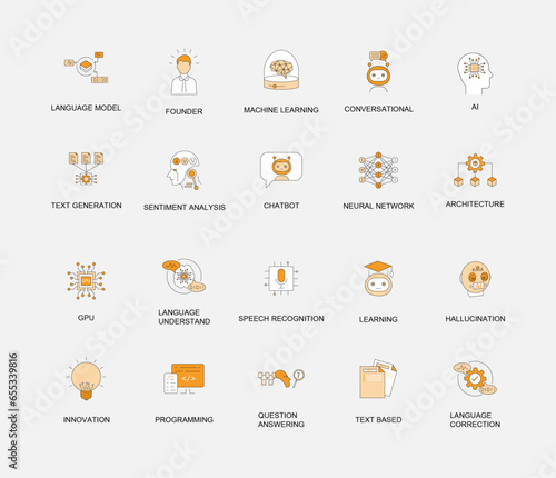 Large Language Model Icon Set. Vector Line Icons for AI Concepts. AI language model icon, Natural language processing icon, Text generation icon, Deep learning icon, and Machine learning icon. 