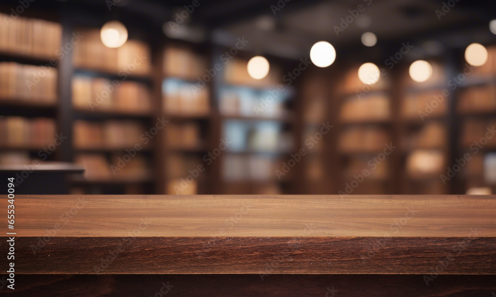 Beautiful natural wooden table with library background - obrazy, fototapety, plakaty 