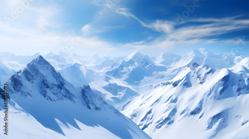 Panoramic view of snowy mountains. Beautiful winter landscape. 3D rendering