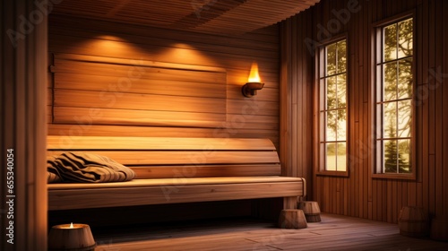 Experience the heartwarming embrace of a traditional sauna, with its wooden walls, sauna stove, and cozy wooden benches in a small home setting. © Светлана Канунникова