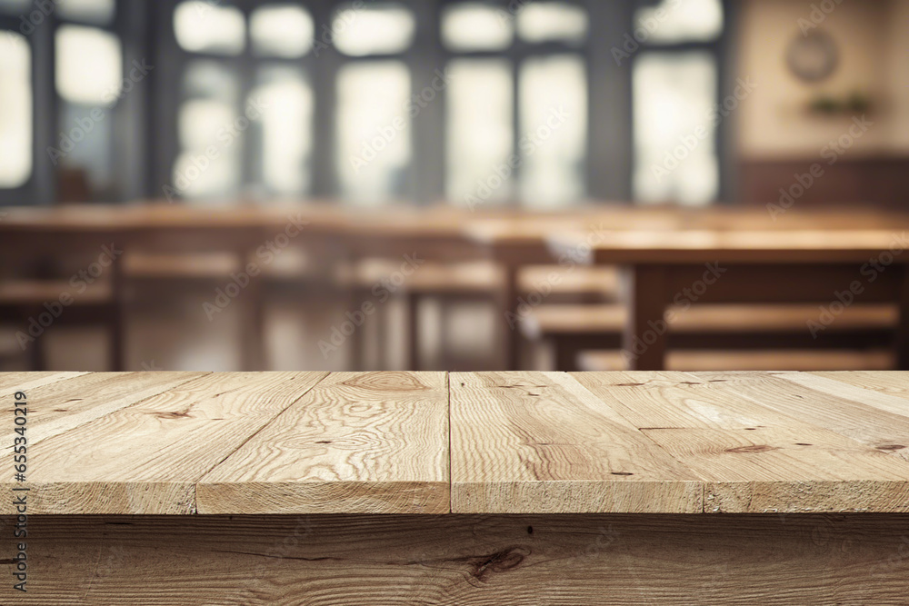 Beautiful natural wooden table with library background Beautiful natural wooden table with library background