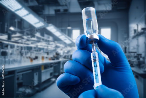 Vaccine and syringe in hand on laboratory background