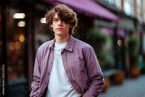 Portrait of a handsome young man with curly hair in an urban context. Selective focus.