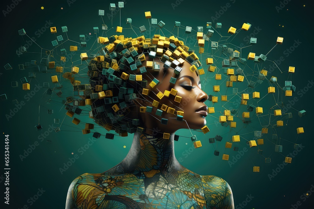 Empowered Mind: African Woman with Glowing Brain Circuits on a Green Background. Thinking or artificial intelligence. - obrazy, fototapety, plakaty 